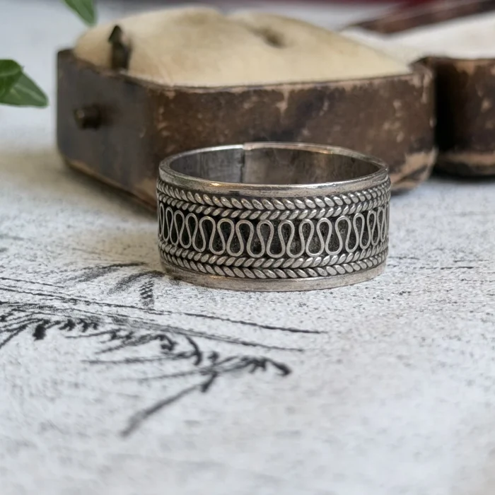 Vintage Sterling Silver Cigar Band Ring Wide Rope Twist Bali Style Mens