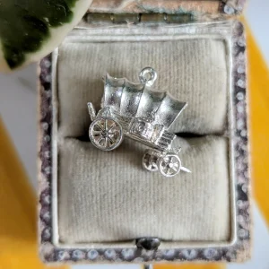 Vintage Silver Covered Wagon Charm, Mechanical Prairie Schooner with Moving Wheels, American West Pendant - Image 2
