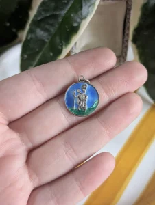 Vintage Silver Enamel St Christopher, Blue Green Pendant, Religious Medal, Traveller's Charm, Collectible - Image 5