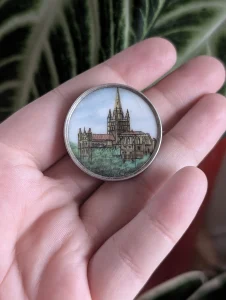 Vintage Sterling Silver Brooch, Church Building, Painted, Architectural Design, Collectible - Image 3
