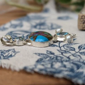 Preloved Sterling Silver Copper Turquoise Pendant, Multi Stone Statement with Pearl & Blue Glass, Boho Artisan - Image 7