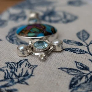 Preloved Sterling Silver Copper Turquoise Pendant, Multi Stone Statement with Pearl & Blue Glass, Boho Artisan - Image 6