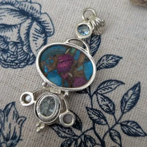 Preloved Sterling Silver Copper Turquoise Pendant, Multi Stone Statement with Pearl & Blue Glass, Boho Artisan - Image 2