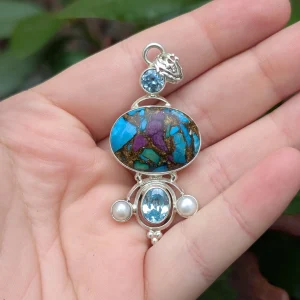 Preloved Sterling Silver Copper Turquoise Pendant, Multi Stone Statement with Pearl & Blue Glass, Boho Artisan - Image 3