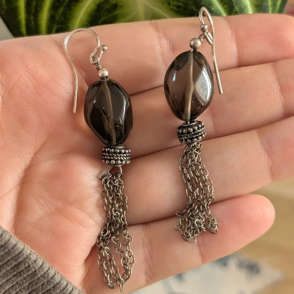 Vintage Silver Brown Stone Tassel Earrings