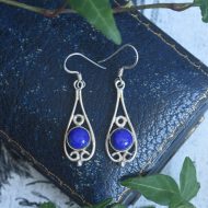 Vintage Silver Blue Stone Drop Earrings, Dangle Ornate Scroll