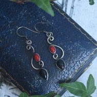 Silver Black and Red Stone Earrings, Dangle Drop Geometric