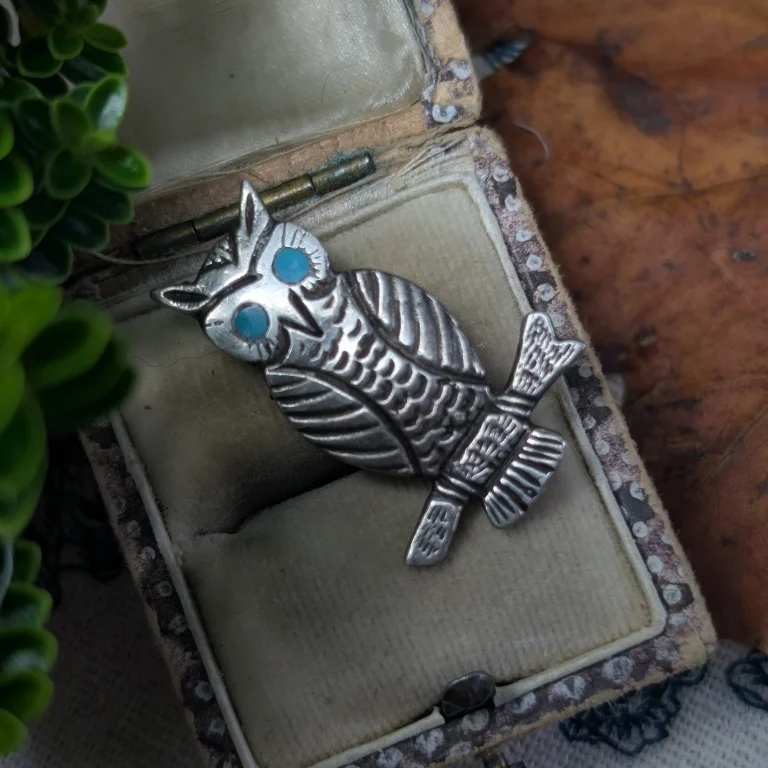 Vintage Silver Turquoise Owl Brooch