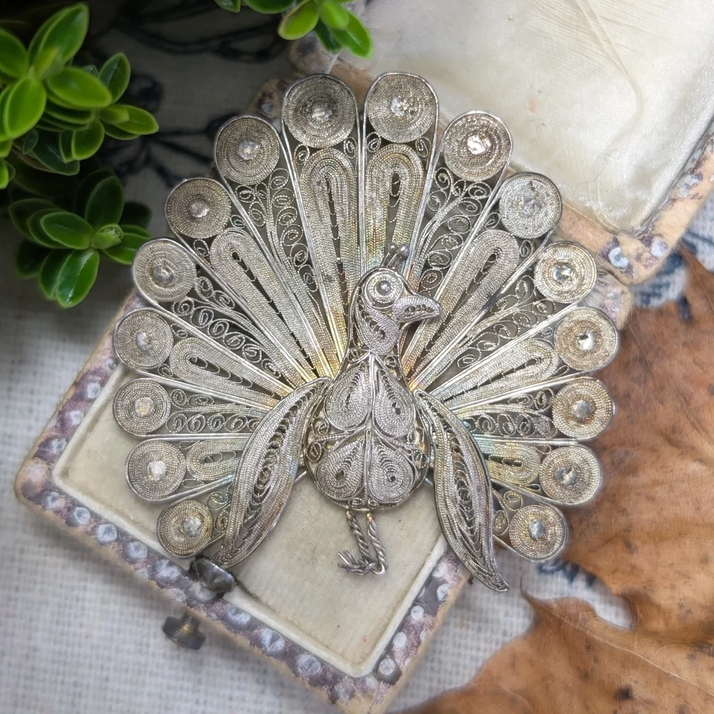 Vintage Silver Filigree Peacock Brooch
