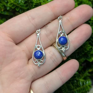 Vintage Silver Blue Stone Drop Earrings, Dangle Ornate Scroll - Image 2