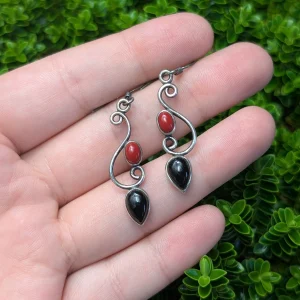 Silver Black and Red Stone Earrings, Dangle Drop Geometric - Image 2