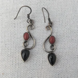 Silver Black and Red Stone Earrings, Dangle Drop Geometric - Image 7