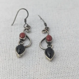 Silver Black and Red Stone Earrings, Dangle Drop Geometric - Image 6