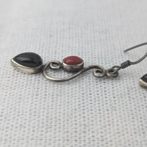 Silver Black and Red Stone Earrings, Dangle Drop Geometric - Image 5