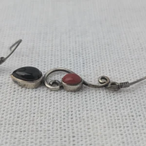 Silver Black and Red Stone Earrings, Dangle Drop Geometric - Image 4