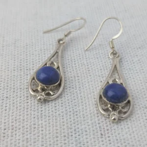 Vintage Silver Blue Stone Drop Earrings, Dangle Ornate Scroll - Image 6