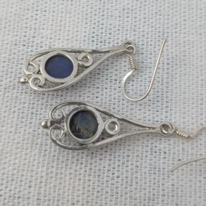 Vintage Silver Blue Stone Drop Earrings, Dangle Ornate Scroll - Image 3