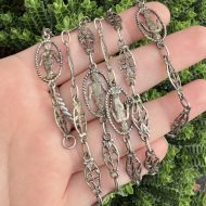 Antique Silver Fancy Link Necklace Fleur De Lis Long Chain