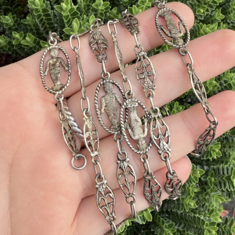 Antique Silver Fancy Link Necklace Fleur De Lis Long Chain