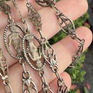Antique Silver Fancy Link Necklace Fleur De Lis Long Chain 38" - Image 9