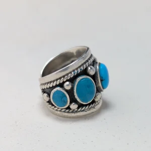 Vintage Sterling Silver Turquiose Ring, Southewestern Heavy Band - Image 2