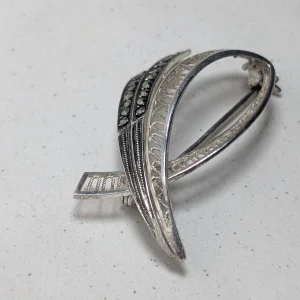 Vintage Sterling Silver Filigree Brooch, Crossover Marcasite - Image 3