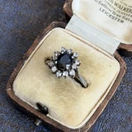 Vintage Silver Blue Stone Halo Ring, Flower CZ