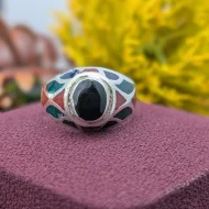 Vintage Sterling Silver Malachite Coral Onyx Ring
