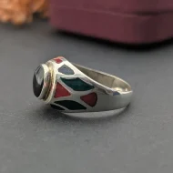 Vintage Sterling Silver Malachite Coral Onyx Ring, Signet Inlay 925 - Image 2