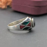 Vintage Sterling Silver Malachite Coral Onyx Ring, Signet Inlay 925 - Image 8