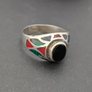 Vintage Sterling Silver Malachite Coral Onyx Ring, Signet Inlay 925 - Image 7