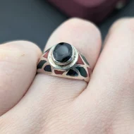 Vintage Sterling Silver Malachite Coral Onyx Ring, Signet Inlay 925 - Image 5