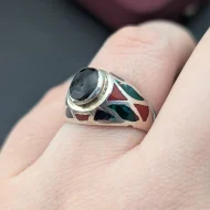 Vintage Sterling Silver Malachite Coral Onyx Ring, Signet Inlay 925 - Image 4