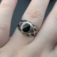 Vintage Sterling Silver Malachite Coral Onyx Ring, Signet Inlay 925 - Image 3