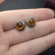 Vintage Sterling Silver Amber Earrings, Round Framed Studs - Image 3