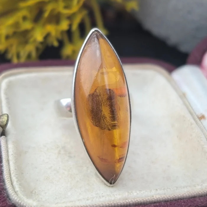 Vintage Sterling Silver Amber Navette Ring