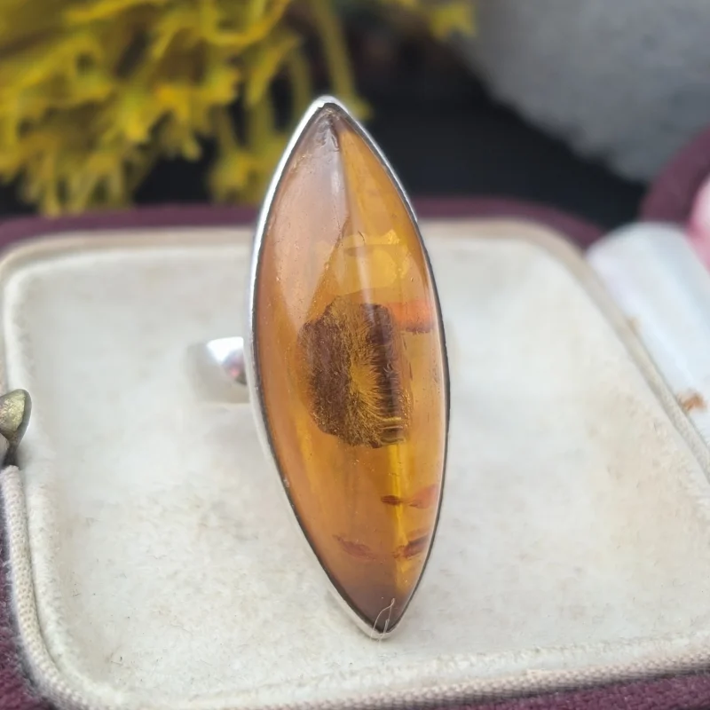 Vintage Sterling Silver Amber Navette Ring