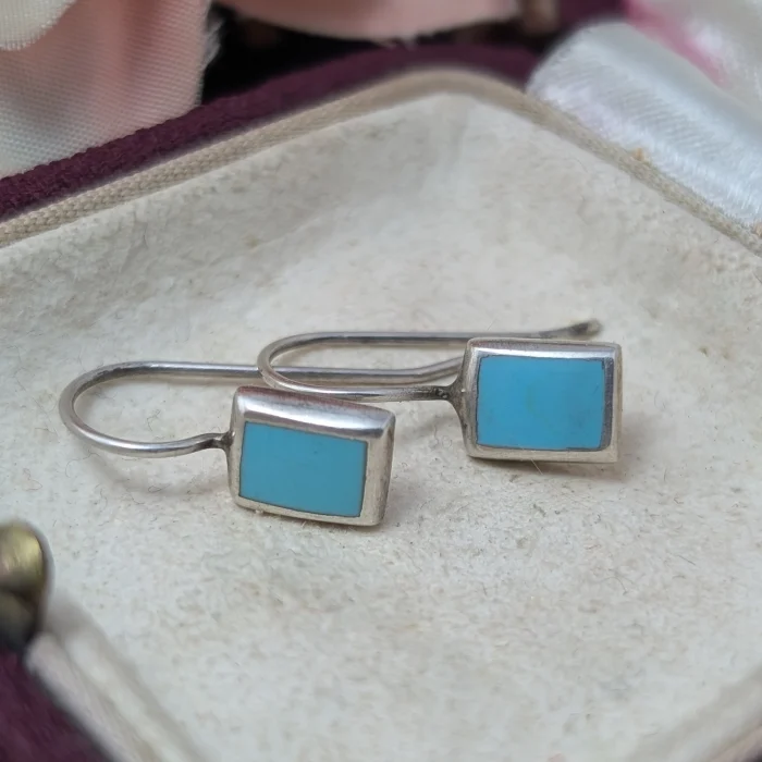 Vintage Sterling Silver Inlay Drop Earrings