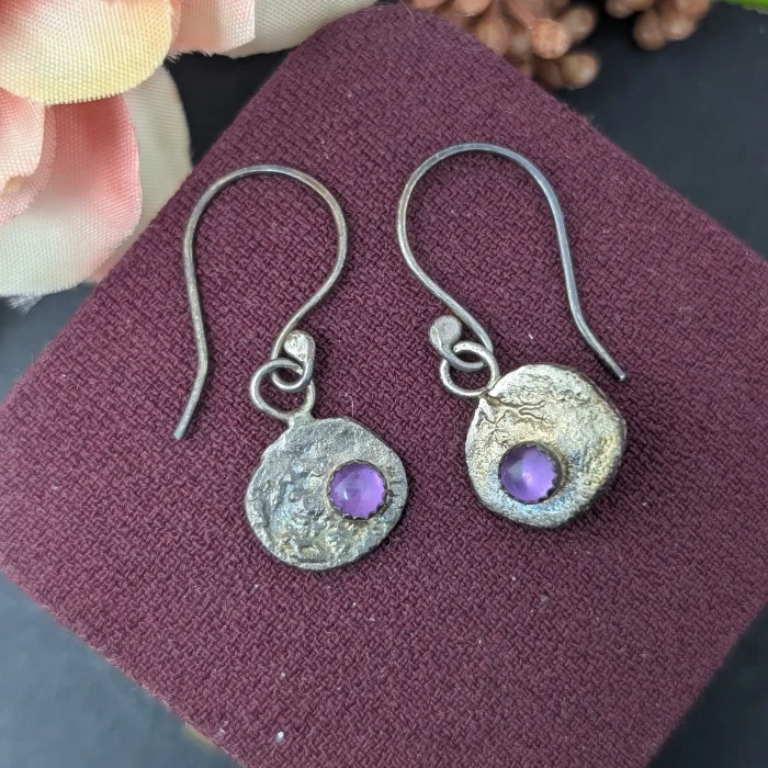 Vintage Sterling Silver Amethyst Disc Earrings