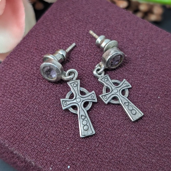 Vintage Sterling Silver Amethyst Cross Earrings