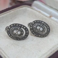 Vintage Sterling Silver Marcasite and Faux Pearl Stud Earrings
