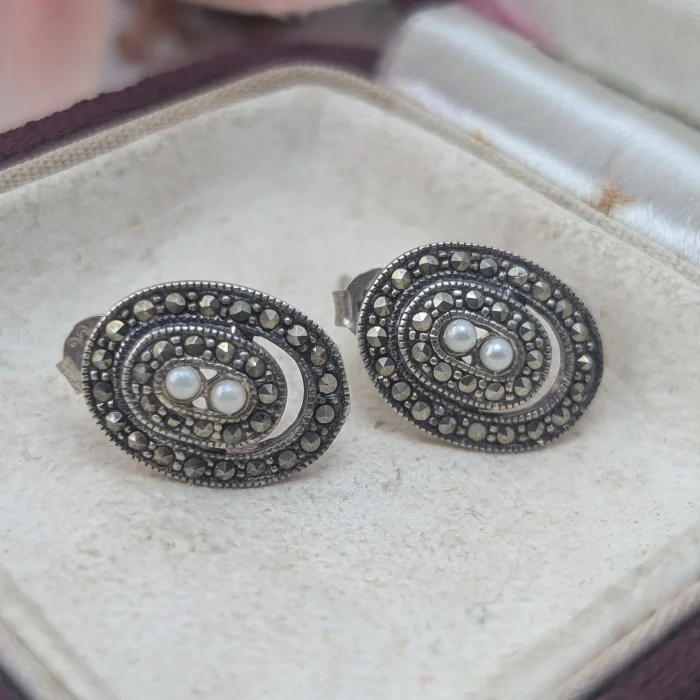 Vintage Sterling Silver Marcasite and Faux Pearl Stud Earrings
