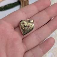 Vintage Rolled Gold Heart Locket, Garnet Flower Engraved Double Photo K&L - Image 2