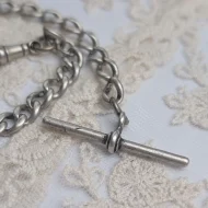 Antique Sterling Silver Albert Watch Chain, T Bar Dog Clip 1916 Edwardian - Image 2