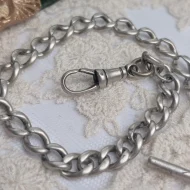 Antique Sterling Silver Albert Watch Chain, T Bar Dog Clip 1916 Edwardian - Image 3