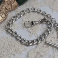 Antique Sterling Silver Albert Watch Chain, T Bar Dog Clip 1916 Edwardian - Image 4