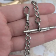 Antique Sterling Silver Albert Watch Chain, T Bar Dog Clip 1916 Edwardian - Image 13