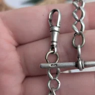 Antique Sterling Silver Albert Watch Chain, T Bar Dog Clip 1916 Edwardian - Image 14