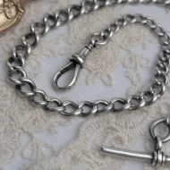 Antique Sterling Silver Albert Watch Chain, T Bar Dog Clip Graduated 1902 Edwardian - Image 2