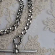 Antique Sterling Silver Albert Watch Chain, T Bar Dog Clip Graduated 1902 Edwardian - Image 4